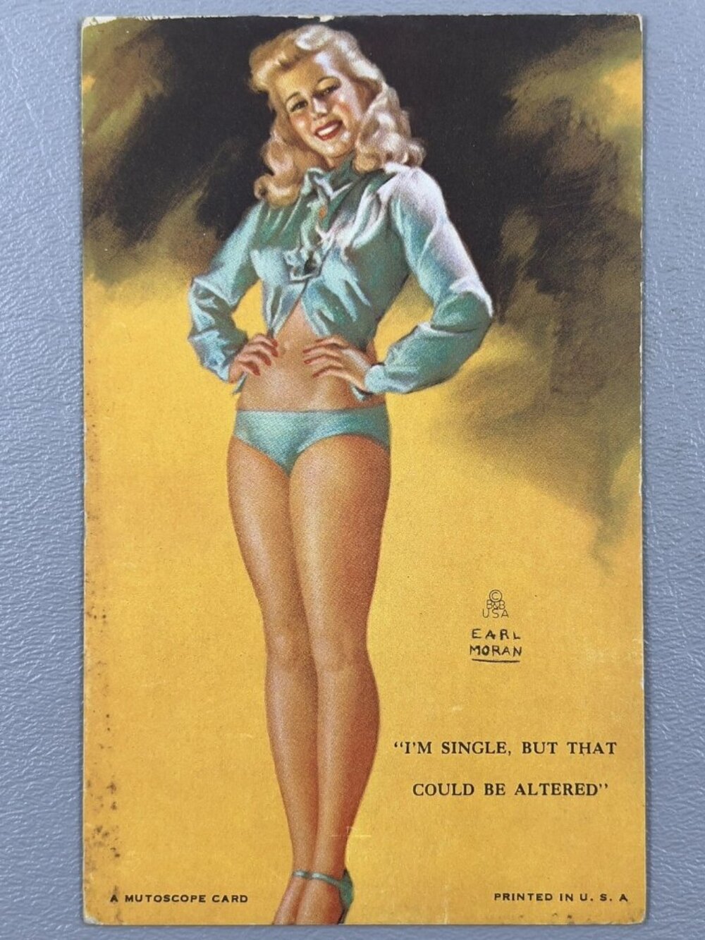Vintage Mutoscope Card Pin Up I'm Single But That Could Be Altered Blonde Legs